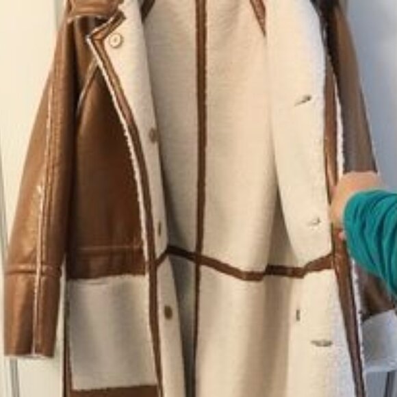 2 in 1 Reversible Coat: Brown Leather and Off-White Sherpa / Teddy - Picture 6 of 13